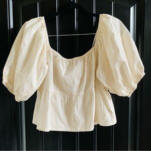 Puff Sleeve Smocked Back Cropped White and Tan Striped Top Shirt | Large